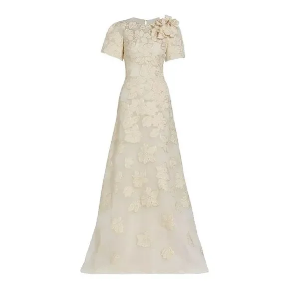 ❌❌ Sold Teri Jon by Rickie Freeman Ivory and Gold Floral Jacquard A-line Gown - Picture 3 of 12